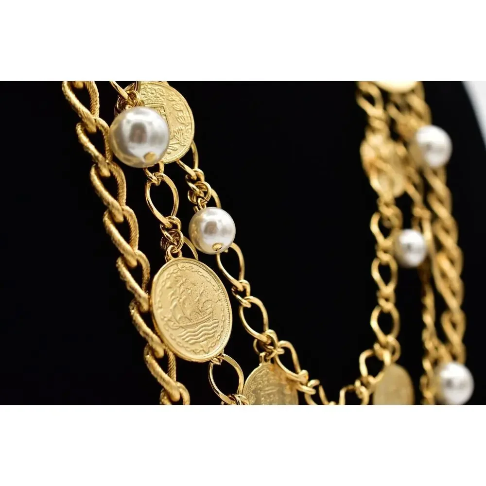 Vintage Coin Multi-Chain Charm Necklace Pearl Chunky Gold Bold 80s 1980s BinBJ